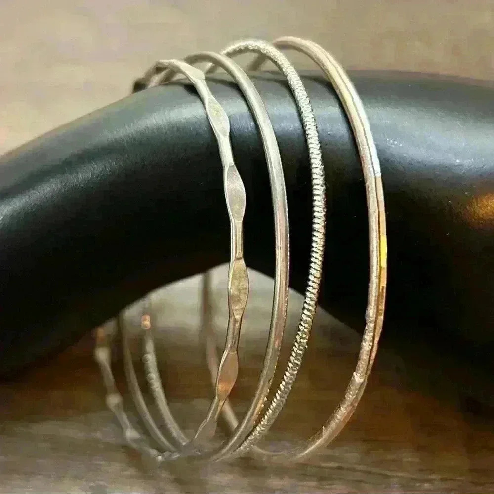Set of 4 Mixed Silver Metal Tones Vintage Bangle Bracelets